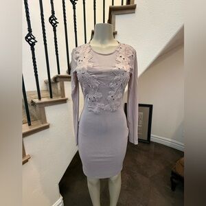 IRIS Lace Floral Embroidered Bodycon Dress L Beige Tan Sheer Long Sleeve Stretch